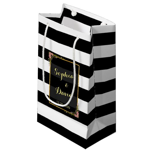 Floral Gold Foil Stripe Wedding Favor Bag Klein Cadeauzakje (Voorkant Gekanteld)