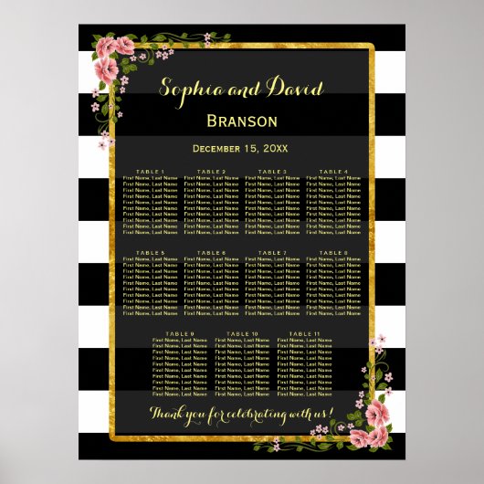 Floral Gold Foil Stripe Wedding Seding Chart Poster (Voorkant)