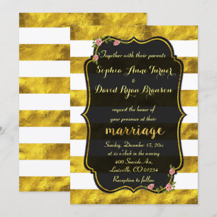 Floral Gold Foil Stripes Black Wedding Invitation Kaart