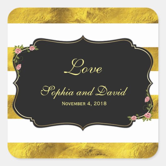 Floral Gold Foil White Stripes Weddenschap Custom Vierkante Sticker (Voorkant)