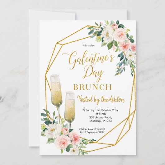 Floral Gold Galentine's Day Brunch-uitnodiging Kaart (Voorkant)