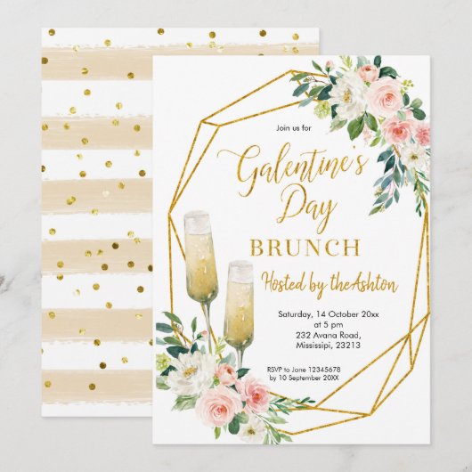 Floral Gold Galentine's Day Brunch-uitnodiging Kaart (Voorkant / Achterkant)