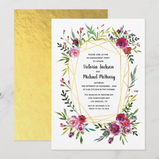 Floral Gold Geometric Crystal Engagement Party Kaart (Voorkant / Achterkant)