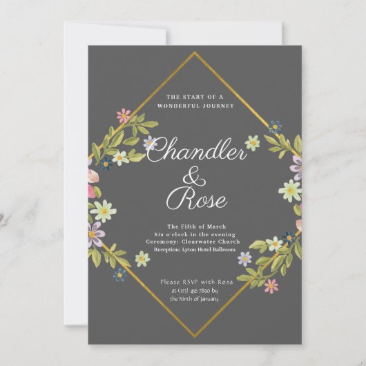 Floral Gold Geometric Minimalist Gray Wedding Kaart (Voorkant)