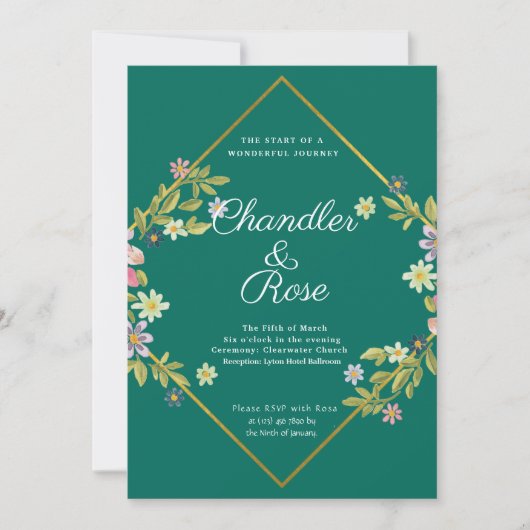 Floral Gold Geometric Minimalist Green Wedding Kaart (Voorkant)