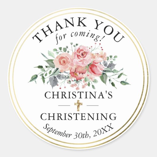 Floral Gold Girl Christening Baptism Hartelijk dan Ronde Sticker (Voorkant)