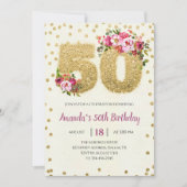 Floral & Gold Glitter 50th Birthday Invitation Kaart (Voorkant)