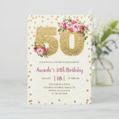 Floral & Gold Glitter 50th Birthday Invitation Kaart (Staand voorkant)