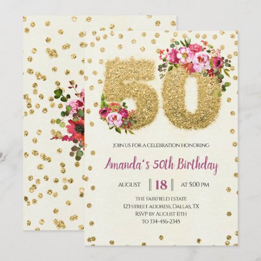 Floral & Gold Glitter 50th Birthday Invitation Kaart (Voorkant / Achterkant)