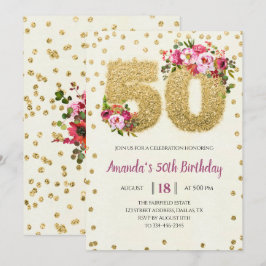 Floral & Gold Glitter 50th Birthday Invitation Kaart