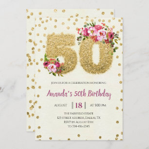 Floral & Gold Glitter 50th Birthday Invitation Kaart