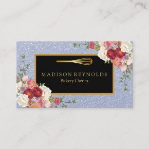 Floral Gold Glitter Bakery Chef Whisk Logo Busines Visitekaartje