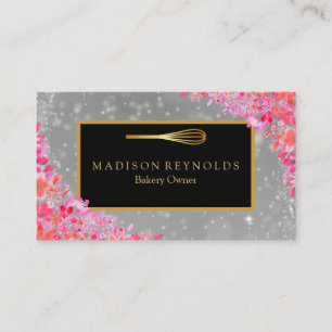 Floral Gold Glitter Bakery Chef Whisk Logo Busines Visitekaartje