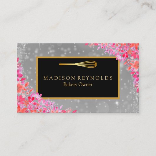 Floral Gold Glitter Bakery Chef Whisk Logo Busines Visitekaartje (Voorkant)