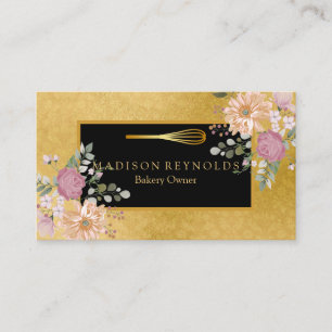 Floral Gold Glitter Bakery Chef Whisk Logo Busines Visitekaartje