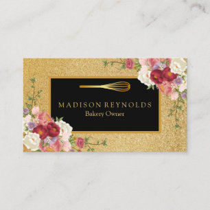 Floral Gold Glitter Bakery Chef Whisk Logo Visitekaartje