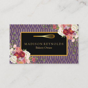 Floral Gold Glitter Bakery Chef Whisk Logo Visitekaartje