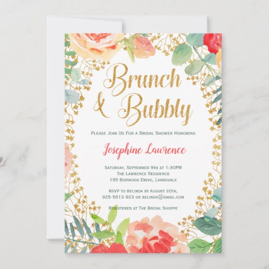 Floral & Gold Glitter Brunch Vrijgezellenfeest Inv Kaart (Voorkant)