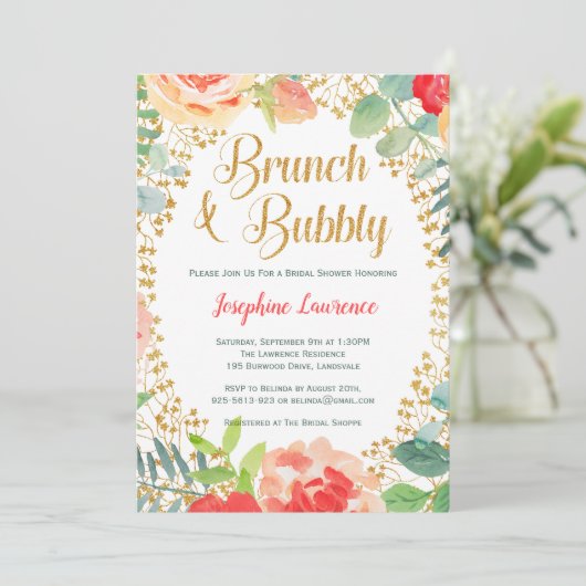 Floral & Gold Glitter Brunch Vrijgezellenfeest Inv Kaart (Staand voorkant)