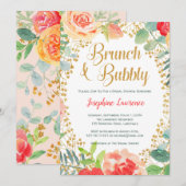 Floral & Gold Glitter Brunch Vrijgezellenfeest Inv Kaart (Voorkant / Achterkant)