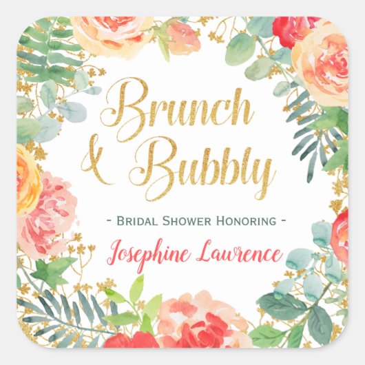 Floral & Gold Glitter Brunch Vrijgezellenfeest Vierkante Sticker (Voorkant)