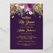 Floral Gold Glitter Sparking Amethyst Quinceanera Folie Uitnodiging (Voorkant)