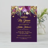 Floral Gold Glitter Sparking Amethyst Quinceanera Folie Uitnodiging (Staand Voorkant)