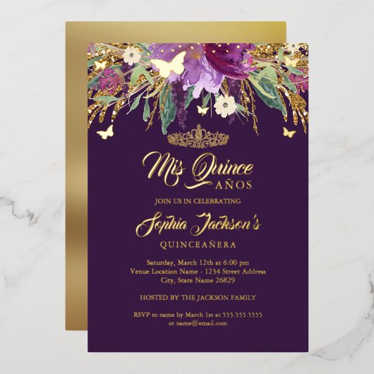 Floral Gold Glitter Sparking Amethyst Quinceanera Folie Uitnodiging (Voorkant / Achterkant)