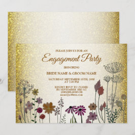 Floral Gold Glitter Wedding Engagement Party Kaart