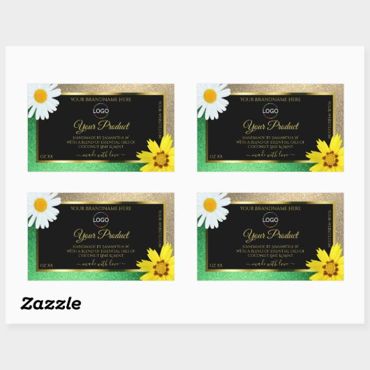 Floral Gold Green Glitter Black Product Label Logo (Vel)