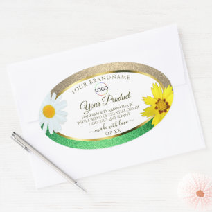 Floral Gold Green Glitter White Product Label Logo