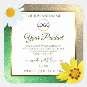 Floral Gold Green Glitter White Product Label Logo