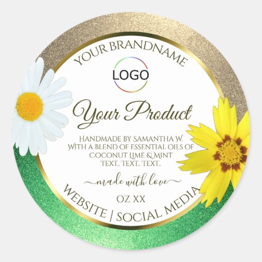 Floral Gold Green Glitter White Product Label Logo (Voorkant)