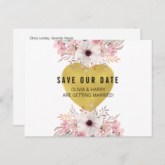 Floral Gold Heart | Het Briefkaart Datum opslaan (Voorkant / Achterkant)