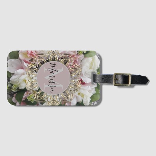 Floral Gold Hexagon Mandala Monogram Gepersonalise Bagagelabel (Voorkant (horizontaal))