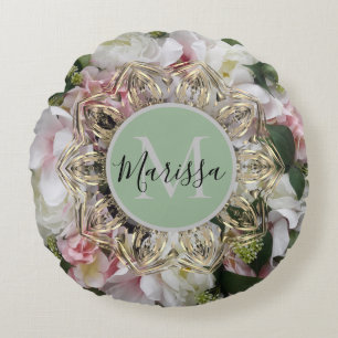 Floral Gold Hexagon Mandala Monogram Round Pillow Rond Kussen
