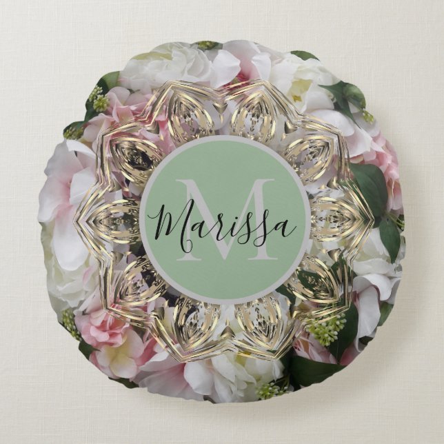 Floral Gold Hexagon Mandala Monogram Round Pillow Rond Kussen (Voorkant)