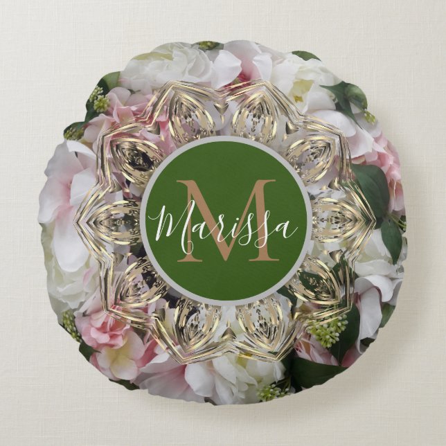 Floral Gold Hexagon Mandala Monogram Round Pillow Rond Kussen (Voorkant)