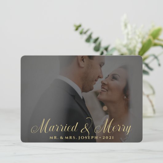 Floral Gold huwelijksfoto's en prettige kerstfoto' Feestdagenkaart (Staand voorkant)