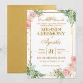 Floral Gold Islamic Wedding Mehndi Uitnodiging (Voorkant / Achterkant)