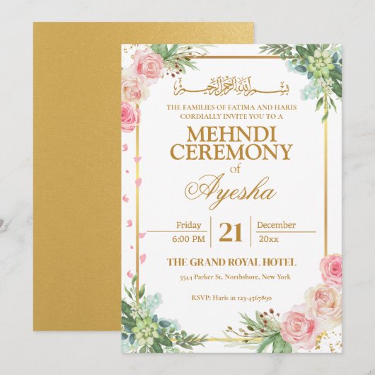 Floral Gold Islamic Wedding Mehndi Uitnodiging (Voorkant / Achterkant)