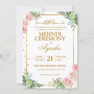 Floral Gold Islamic Wedding Mehndi Uitnodiging