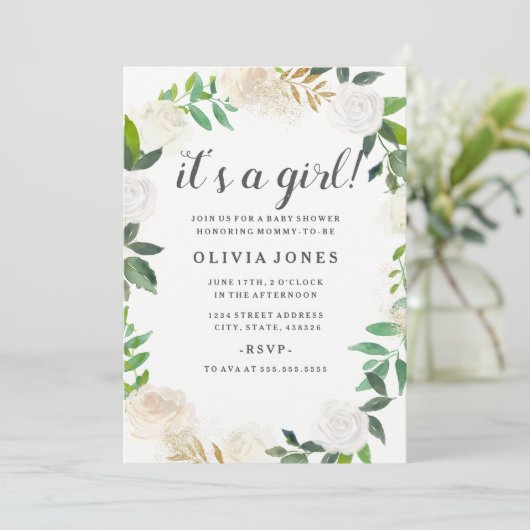  Floral Gold Krans Baby shower Uitnodiging (Staand voorkant)