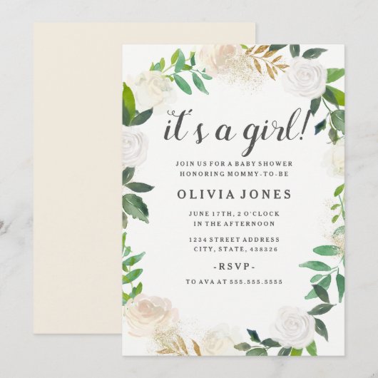  Floral Gold Krans Baby shower Uitnodiging (Voorkant / Achterkant)