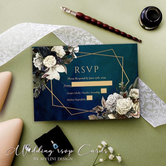 Floral Gold Krans Emerald Green Wedding RSVP Kaart