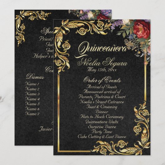 Floral & Gold Leaves - Black Quinceanera Program Programmakaart (Voorkant / Achterkant)