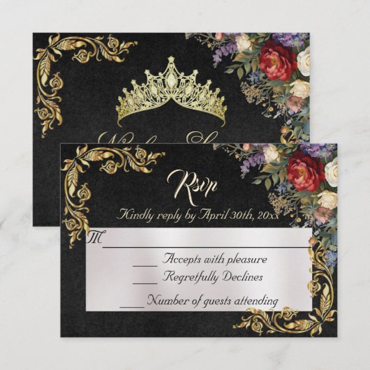Floral & Gold Leaves - Black RSVP Kaartje (Voorkant / Achterkant)