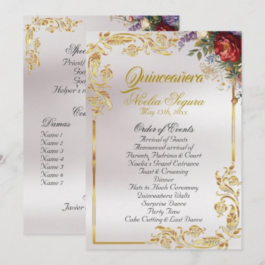 Floral & Gold Leaves - Pearl Quinceanera Program Programmakaart (Voorkant / Achterkant)