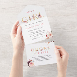 Floral Gold Letter-Baby shower | Boeken voor Baby All In One Uitnodiging