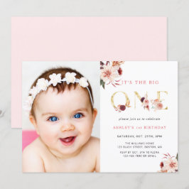 Floral Gold Letter Elegant First Birthday Foto Kaart
